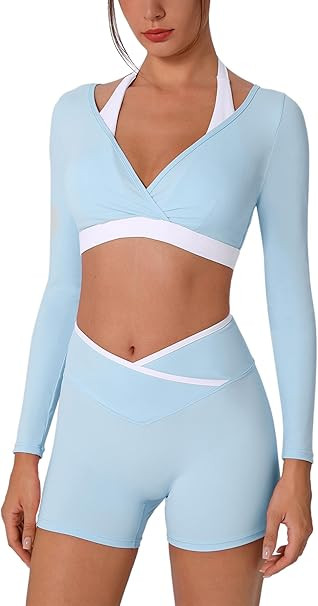 ABOCIW Womens Workout Sets Color Block Long Sleeve Crop Top with Built-in Bra Crossover Booty Sho... | Amazon (US)
