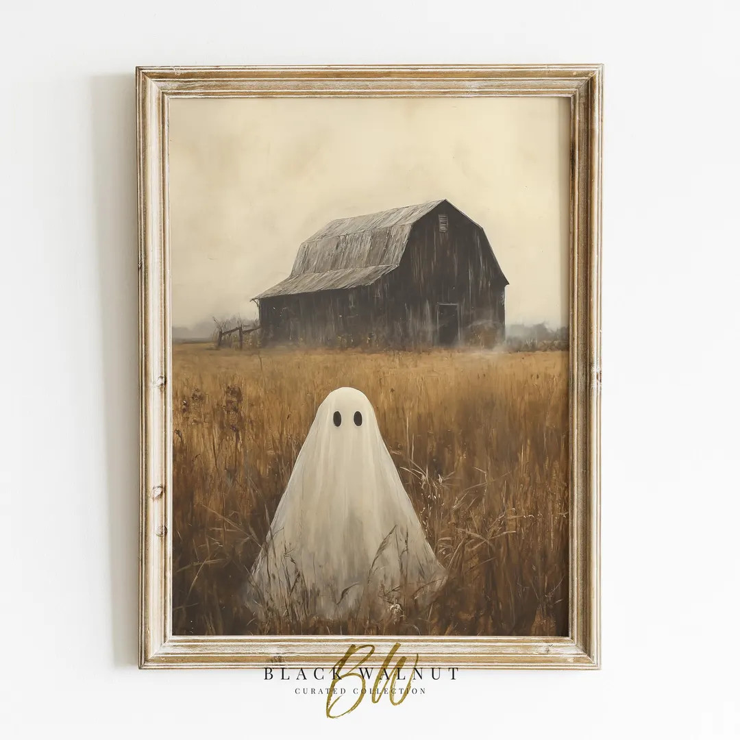 Ghost Wall Art Print, Halloween Moody Spooky Ghost in Fall Field, Vintage Style Painting, Cottage... | Etsy (US)