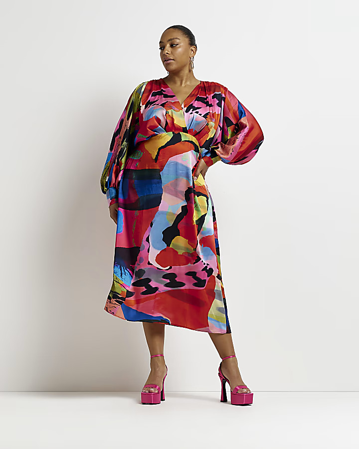 Plus pink printed satin midi wrap dress | River Island (US)