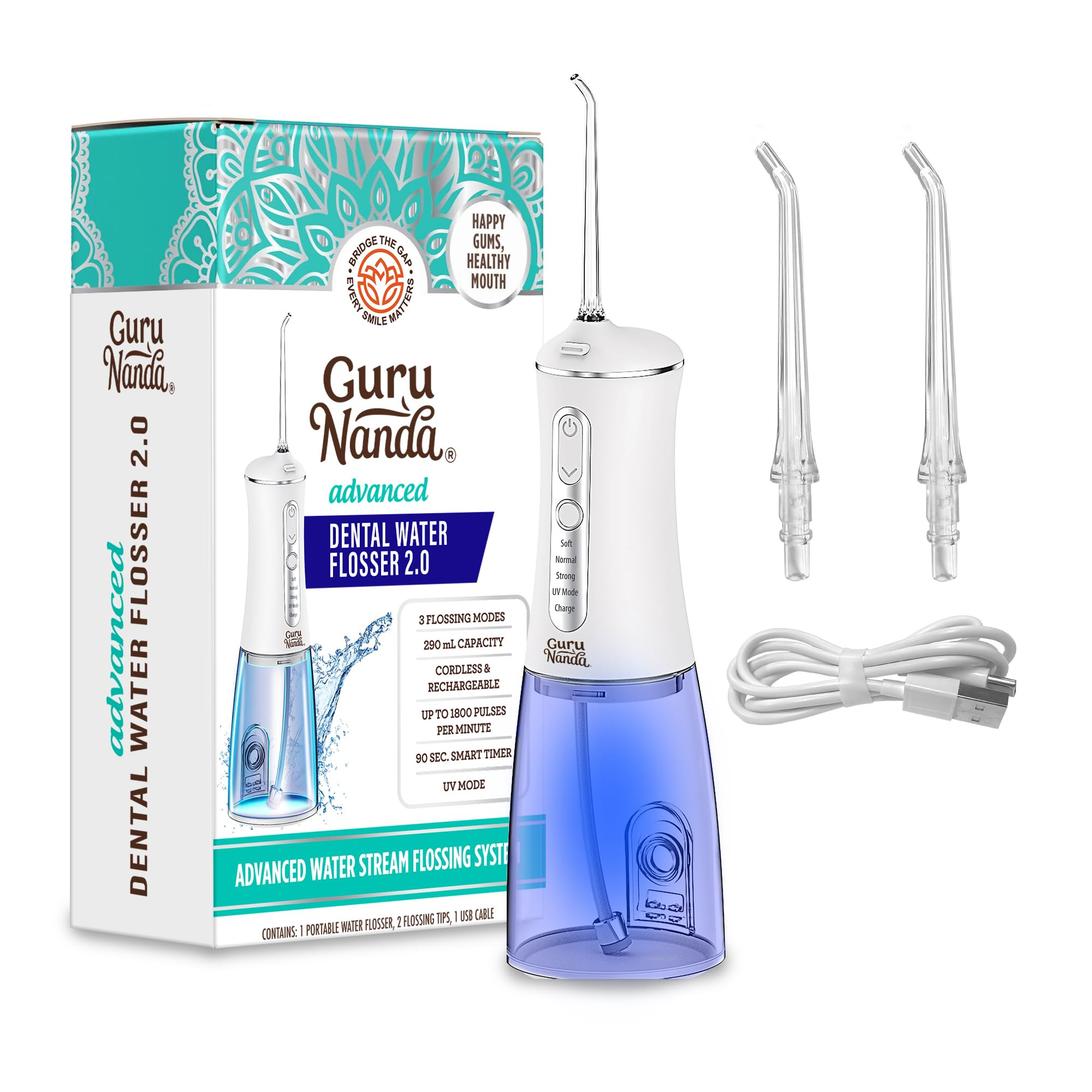 GuruNanda Advanced Dental Water Flosser 2.0 with UV Mode - Cordless and Portable - 290 ml Water T... | Amazon (US)