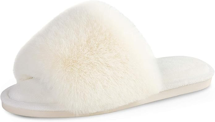 Women's Faux Fur Slippers Fuzzy Flat Spa Fluffy Open Toe House Shoes Indoor Outdoor Slip on Memor... | Amazon (US)