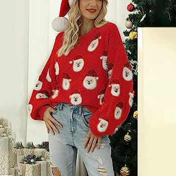 iLH Christmas Sweater for Women Cute Merry Xmas Santa Claus Holiday Cozy Knit Pullover Crewneck S... | Amazon (US)