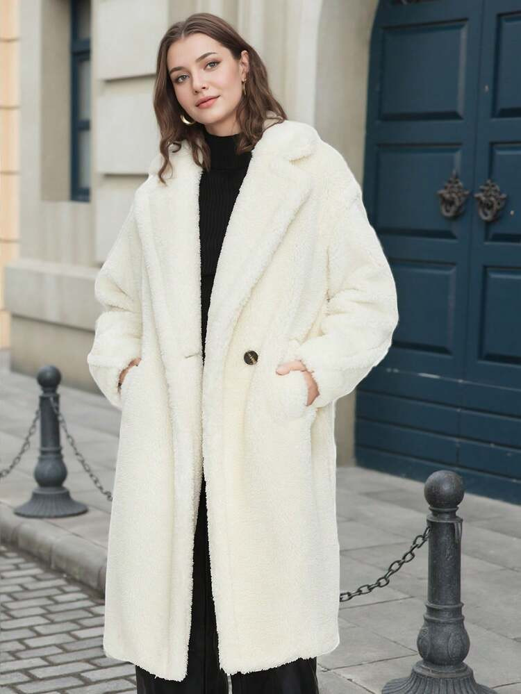 ZIAI Women's Winter Solid Color Long Sleeve Large Lapel Lamb Wool Teddy Long Coat | SHEIN