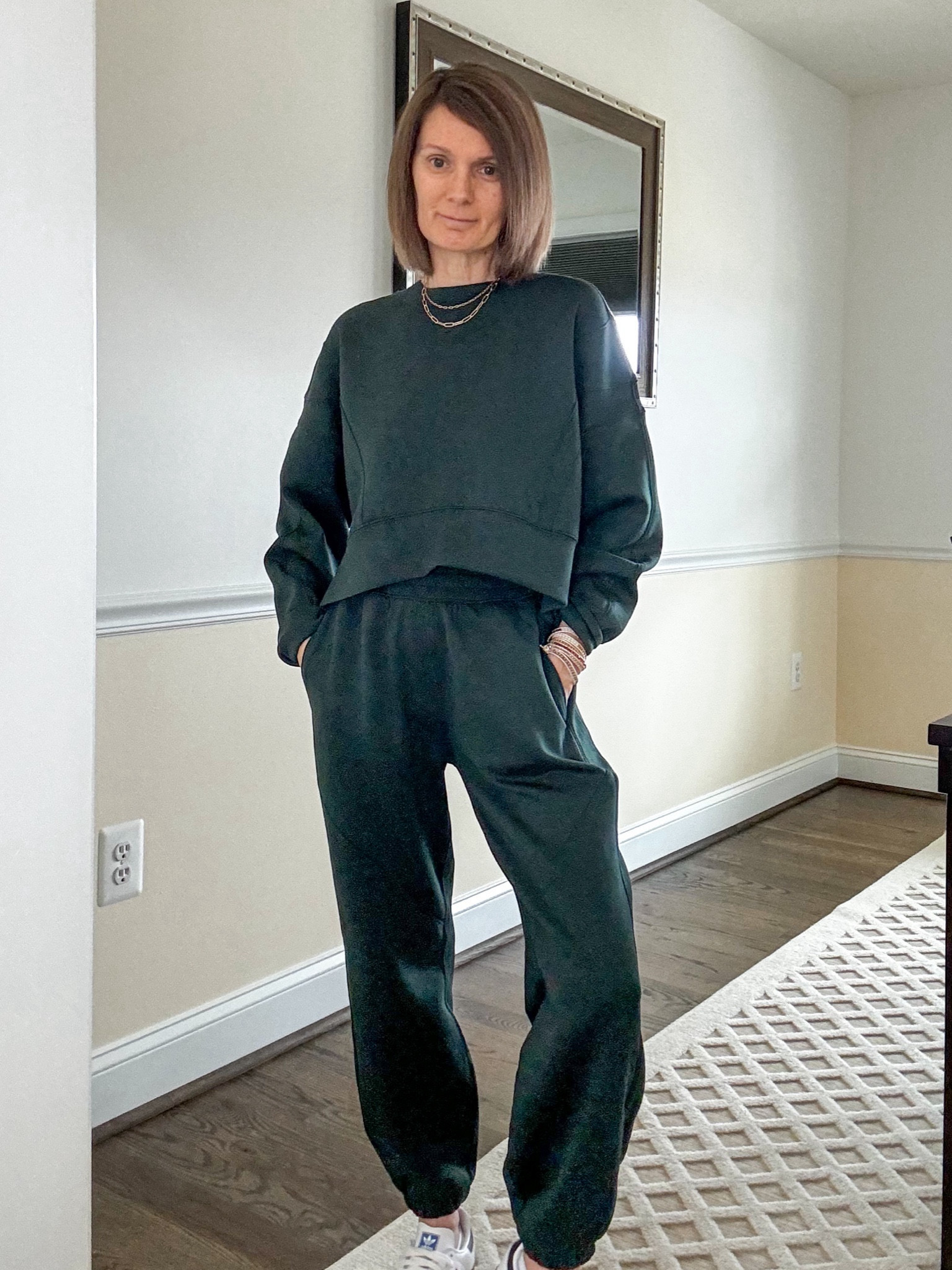 Abercrombie & Fitch YPB sweatshirt and sweatpants in evergreen, comes in multiple colors! Currently on sale! Victoria Emerson wrap bracelet. Amazon paperclip necklace, Adidas OG Sambas sneakers. 

Comfy look/causal style/activewear/everyday look

#LTKsalealert #LTKstyletip #LTKover40