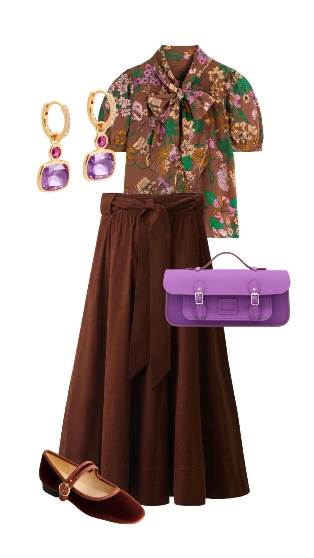 Partner Brown with this Amethyst Purple for a striking colour pop this autumn. 🤎💜🤎

Silk Floral Print Blouse - NEW at Boden 

Brown Cord Maxi Skirt - NEW at Me + Em 

Amethyst Long Satchel Bag - ON 40% OFF SALE at Cambridge Satchel Co

Brown Velvet Mary Jane Flat Shoes - The House of Bruar 

Amethyst Earrings - Aspinal of London

#LTKstyletip #LTKshoes #LTKbag #LTKluxury

#LTKautumn #LTKuk #LTKeurope