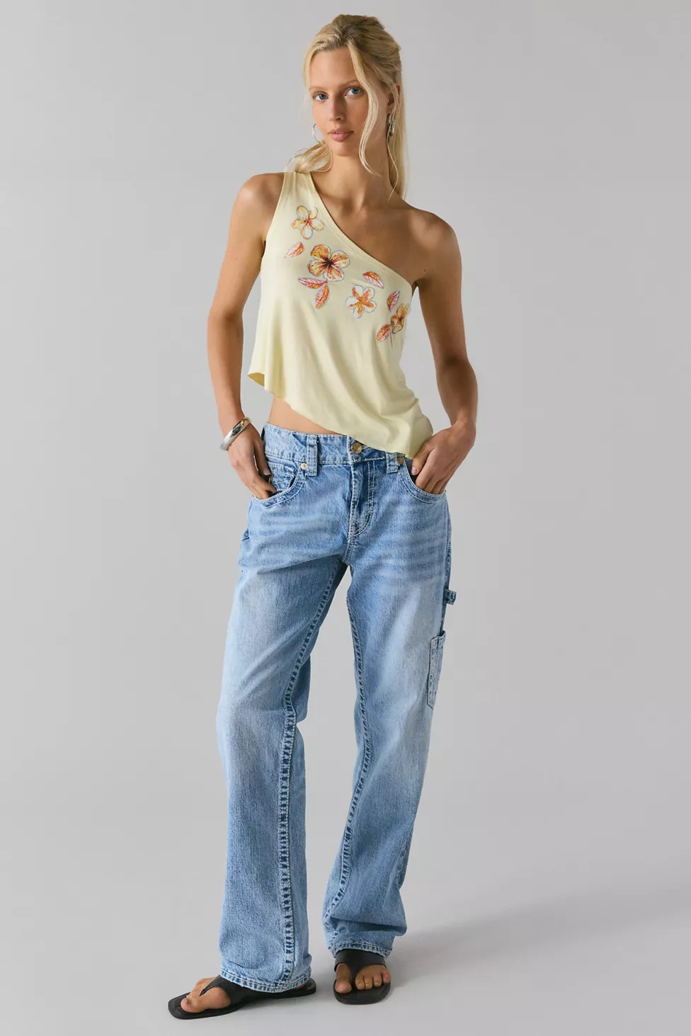 UO Glitter Floral Graphic One-Shoulder Asymmetrical Top | Urban Outfitters (US and RoW)