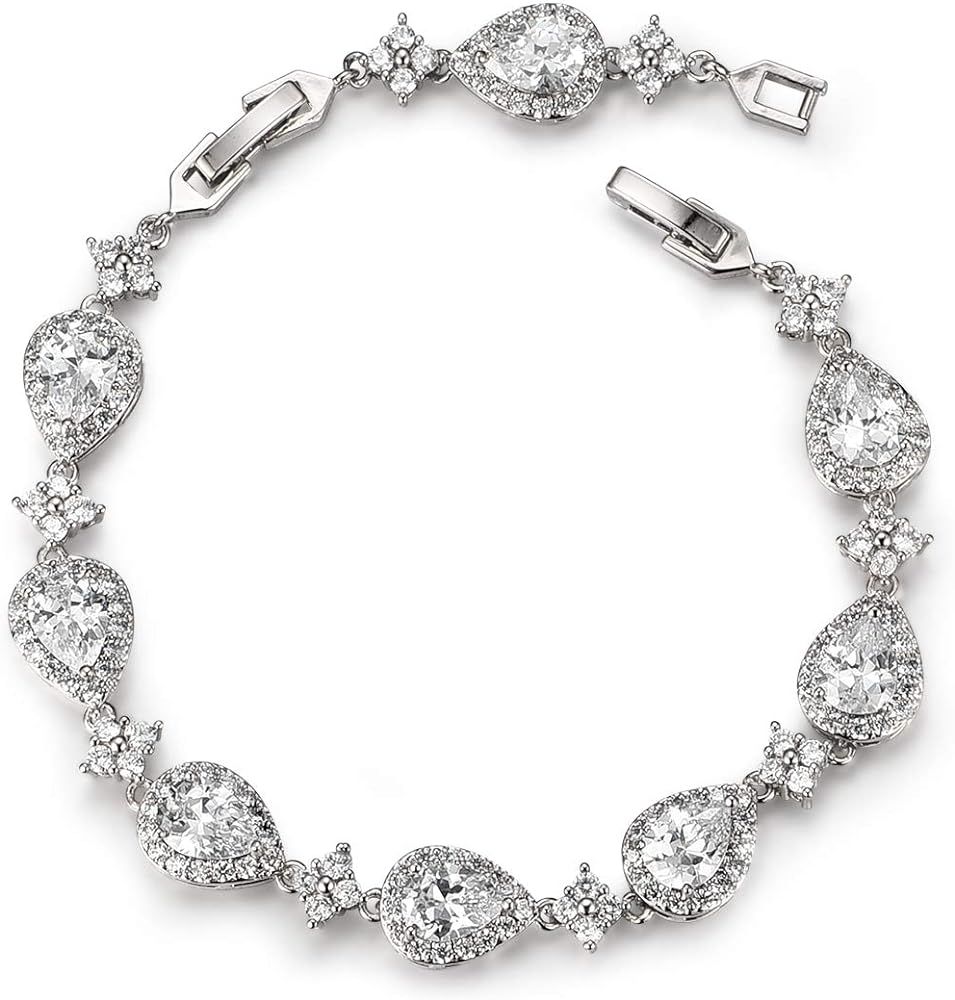 SWEETV Wedding Teardrop Bracelets for Brides Bridesmaids, Crystal Cubic Zirconia Bridal Bracelets... | Amazon (US)