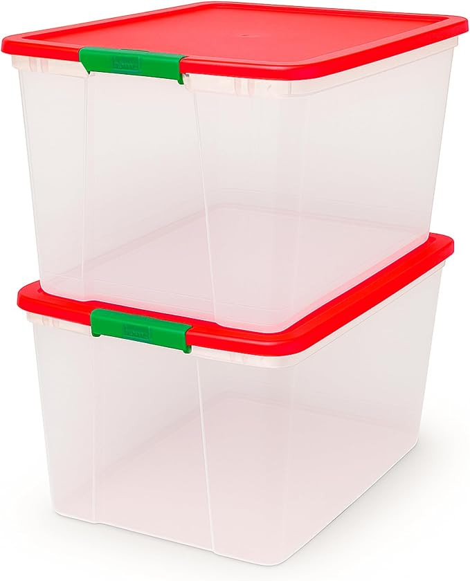 HOMZ 2 Pack Secure Latch, Clear Plastic Storage Organizer Bins, 64 Quart, Red Lid - Stackable Con... | Amazon (US)