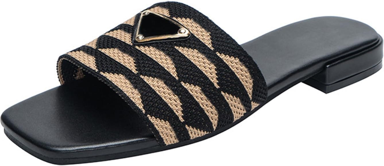 Women's Embroidered Flat Sandals Square Open Toe Sandals Comfortable Summer Beach Slide Sandals | Amazon (US)