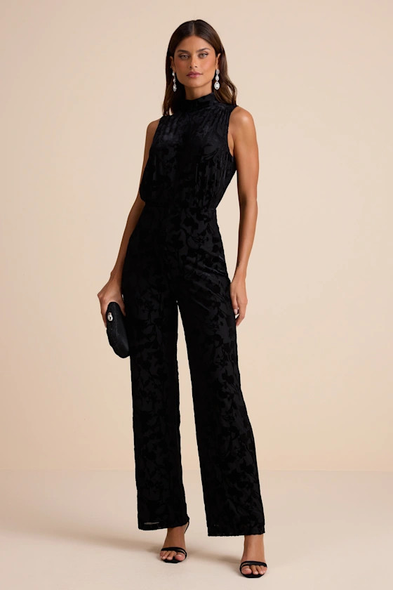 Micola Black Velvet Jacquard Mock Neck Jumpsuit | Lulus