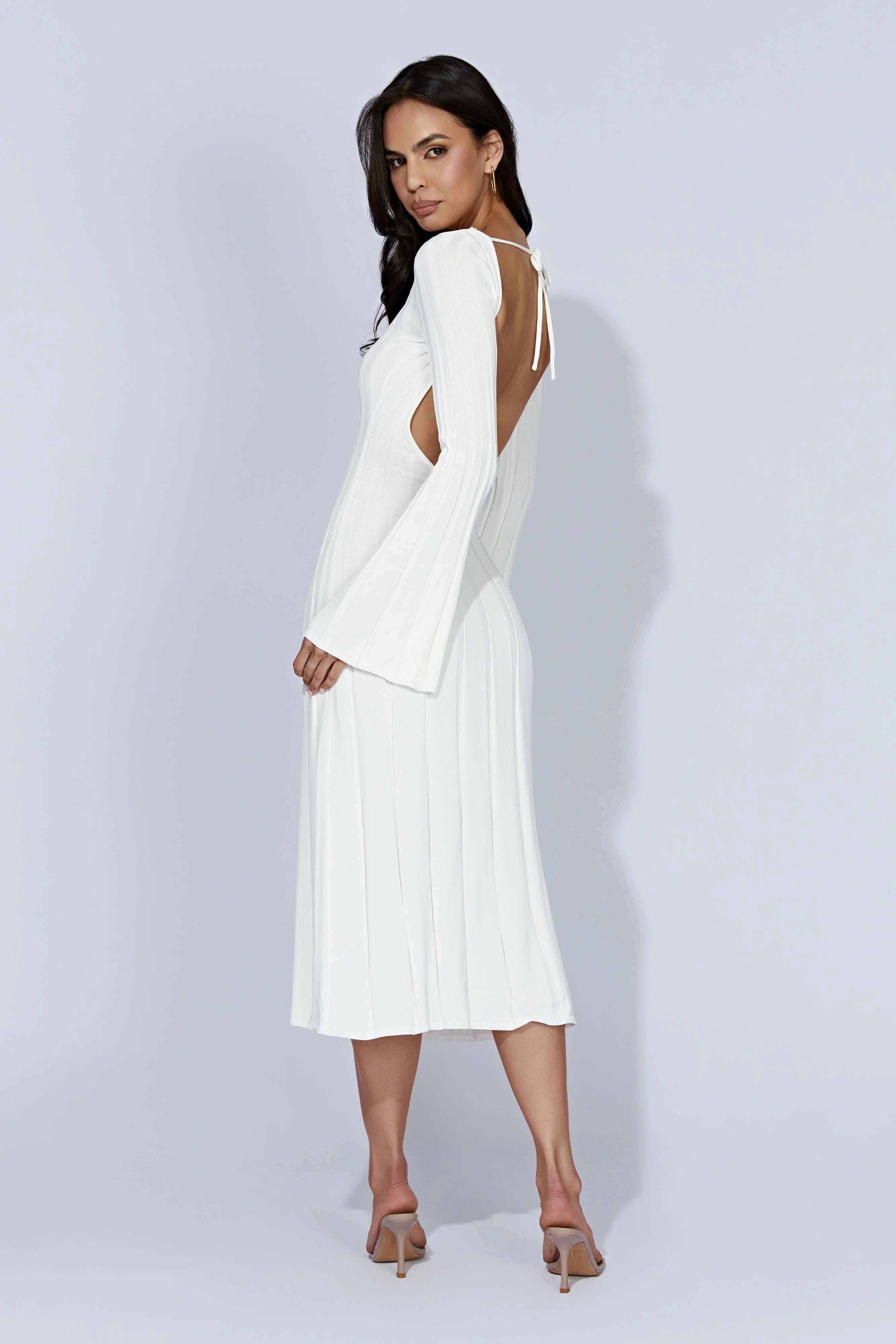 Juniper Flare Sleeve Knit Midi Dress - White | MESHKI US