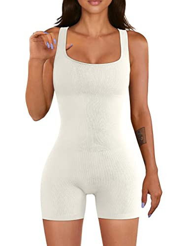 YIOIOIO Women Yoga Romper Workout Ribbed Square Neck One Piece Seamless Tank Top Jumpsuit | Amazon (US)