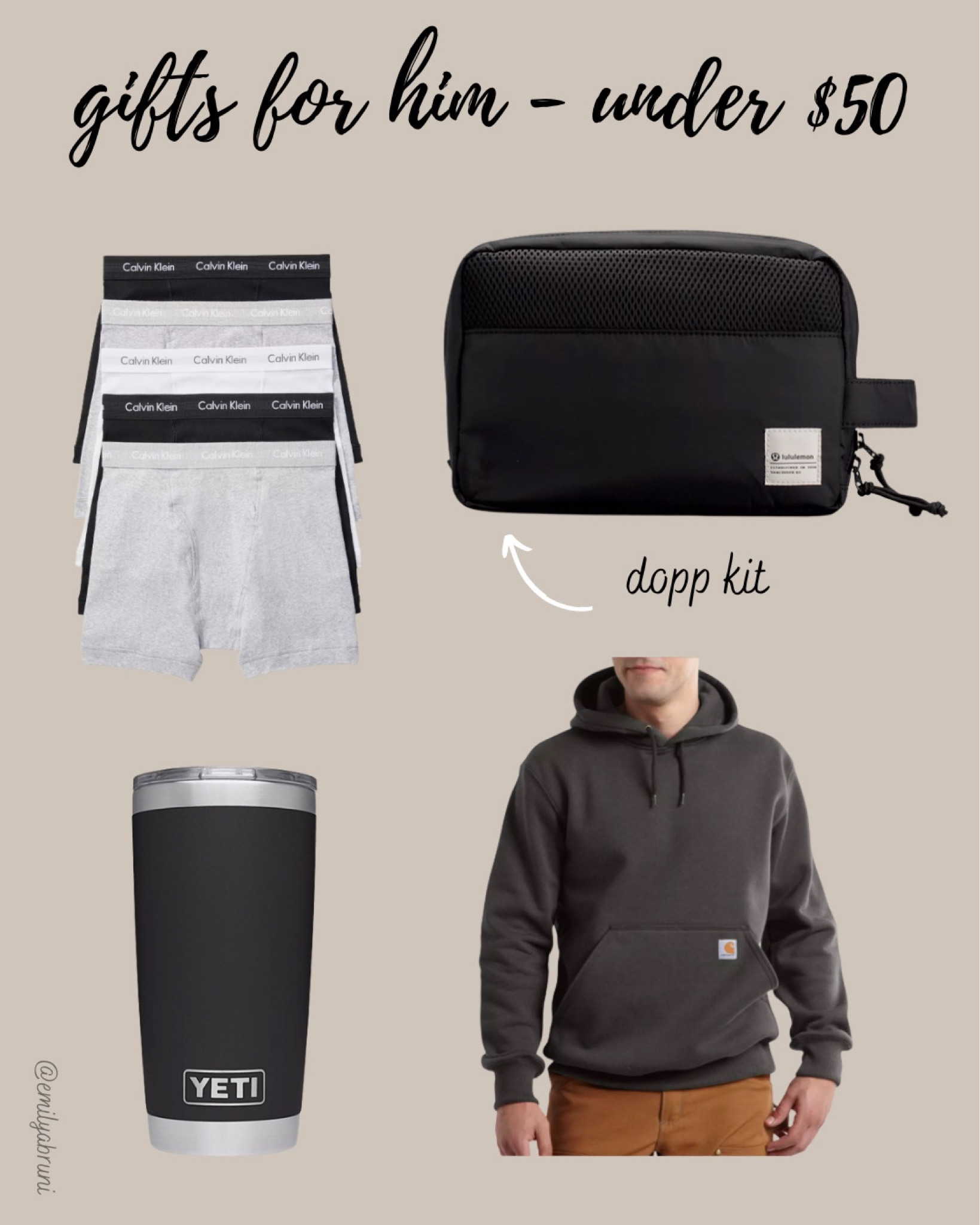 Gifts for him under $50!

- yeti tumbler 
- Dopp kit
- carhartt sweatshirt

#LTKGiftGuide #LTKsalealert #LTKCyberweek