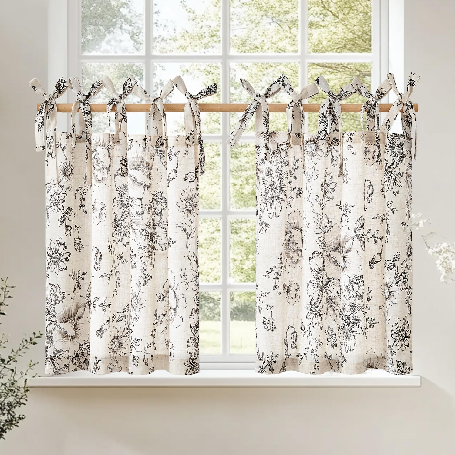 jinchan Floral Linen Tier Curtains 24 Inch Farmhouse Cafe Curtains Tie Top Botanic Drapes for Sma... | Amazon (US)