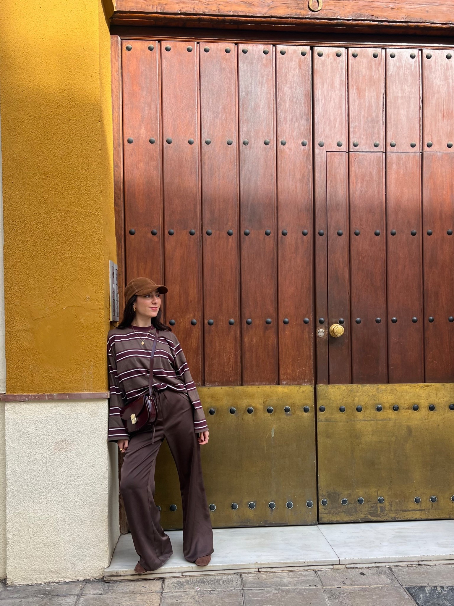 Autumn in Seville, burgundy and brown outfit, satin trousers, striped top, corduroy cap, asos, pretty lavish, sezane, h&m

#LTKpetite #LTKeurope #LTKautumn