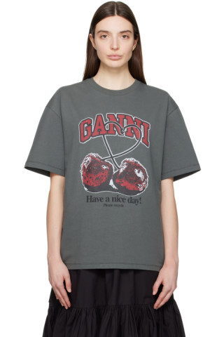 GANNI - Gray Cherry T-Shirt | SSENSE