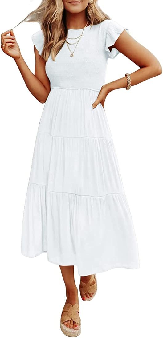 Coloody Women's Summer Casual Midi Dress Boho Flutter Sleeve Crew Neck Smocked Elastic Waist Tier... | Amazon (CA)
