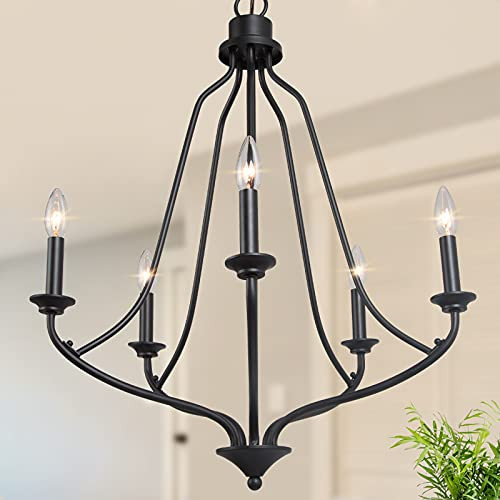 LALUZ Black Chandelier, Modern Farmhouse Chandelier for Dining Room, Living Room, Bedroom, 24” ... | Amazon (US)