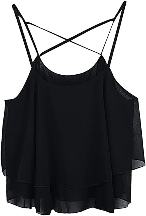 Women Acrylic Solid Color Loose Layered Cross Strap Short Tank Top | Amazon (US)