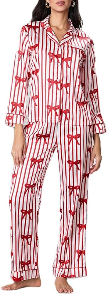 NUFIWI Womens Christmas Satin Pajamas Set Long Sleeve Silk Button Down Shirt and Pants 2 Piece Pj... | Amazon (US)
