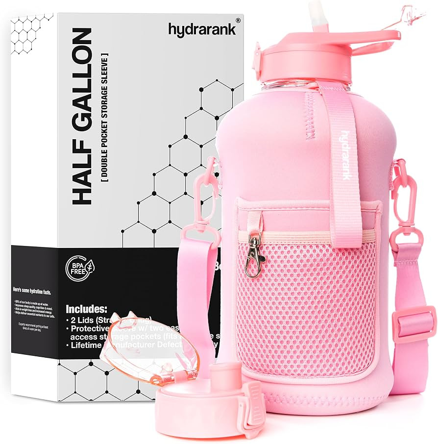 HYDRARANK Half Gallon Water Bottle with Straw and Chug Lid - 2.2L Gym Water Jug with Storage Slee... | Amazon (US)