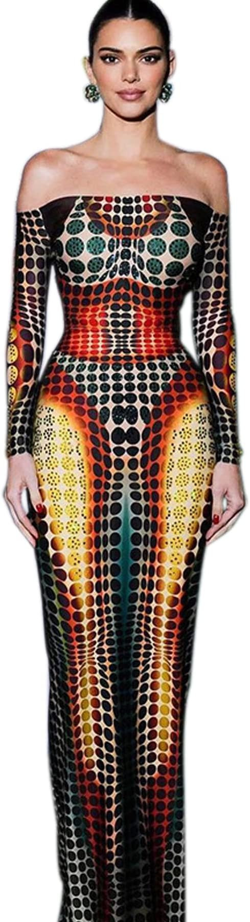 Suillty Women Sexy Off Shoulder Long Sleeve Maxi Dress 3D Body Geometric Printed Color Block Body... | Amazon (US)