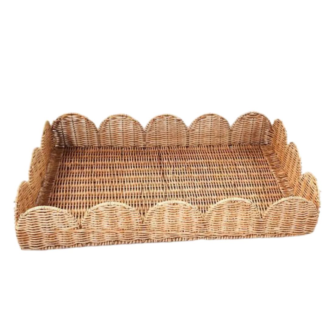 Large Natural Scalloped Wicker Tray | Sea Marie Designs