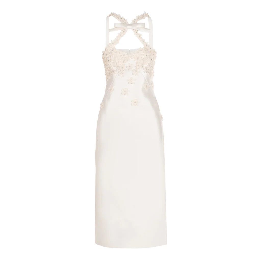 Delphine Dress in Ivory Silk Wool with Floral Appliqué | Over The Moon