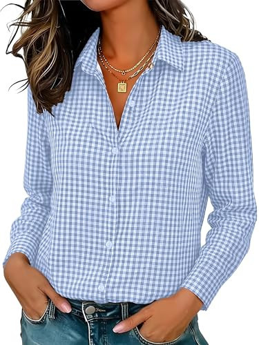 Womens Blue and White Checkered Shirt Business Casual Blouse Top Womens Button Down Shirts V Neck Classic Fit​ Work Shirt Job Interview Attire Blue and White Plaid S | Amazon (US)