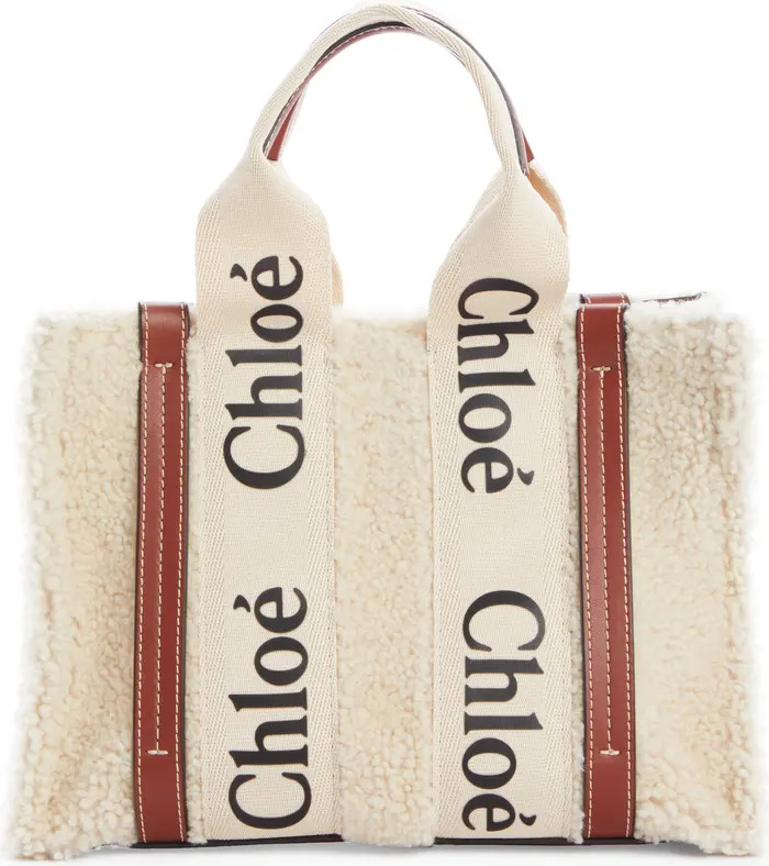 Chloé Small Woody Logo Strap Genuine Shearling Tote | Nordstrom | Nordstrom