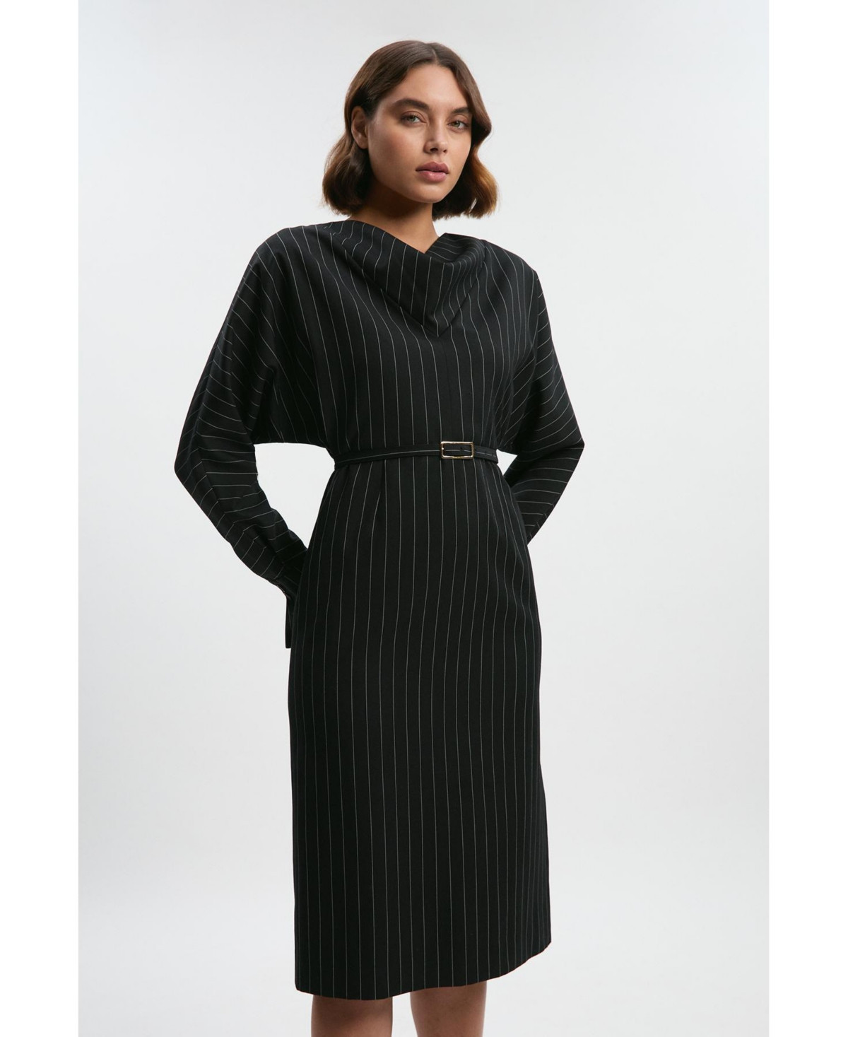 Karen Millen Women's Pinstripe Cowl Neck Midi Dress - Black | Macy's