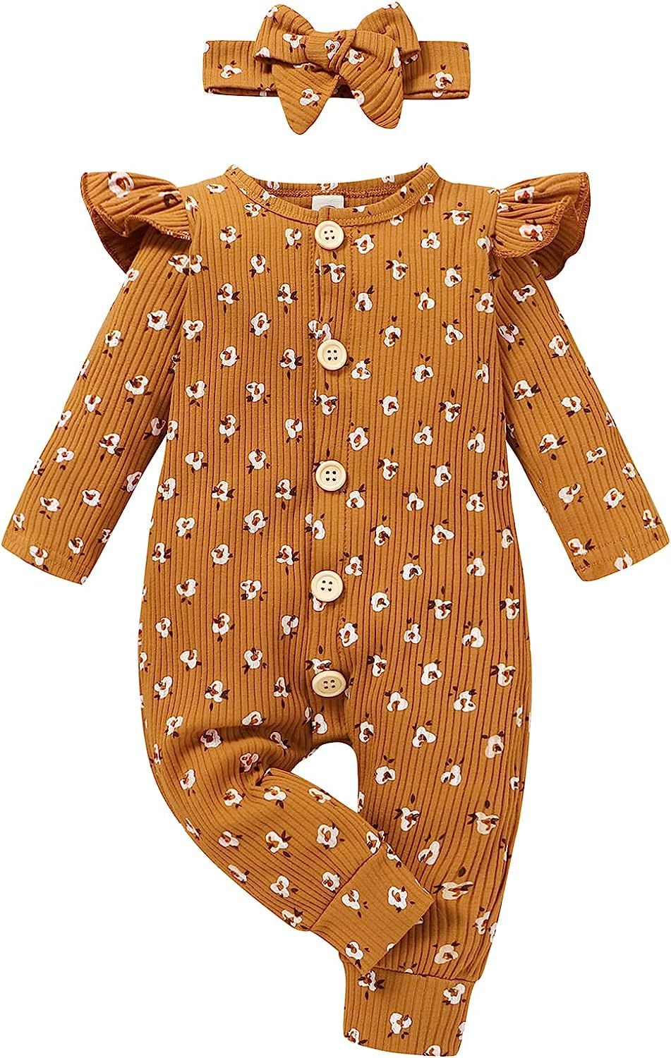 Newborn Baby Girl Clothes Infant Girl Romper Ruffle Long Sleeve Floral Jumpsuit Bodysuit Baby Gir... | Amazon (US)