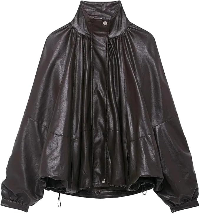 Women's Retro Street Style Motorcycle Jacket, Zippered Long Sleeve Top Outerwear, Leather Coat | Amazon (US)