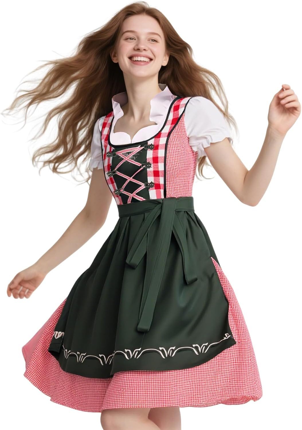 Oktoberfest Costumes Women with Apron, Red and White Checkered German Dirndl Dresses, October Festival Outfit | Amazon (US)
