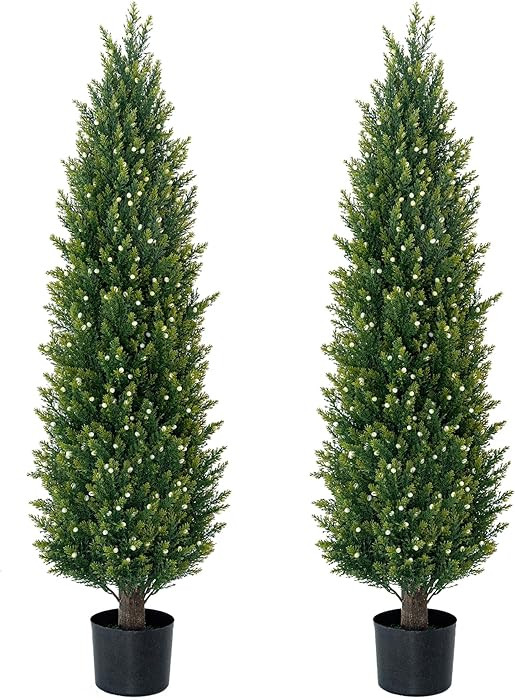 4FT Artificial Cedar Topiary Trees Set of 2 Faux Pine Trees White Berries Fake Shrubs UV Resistan... | Amazon (US)