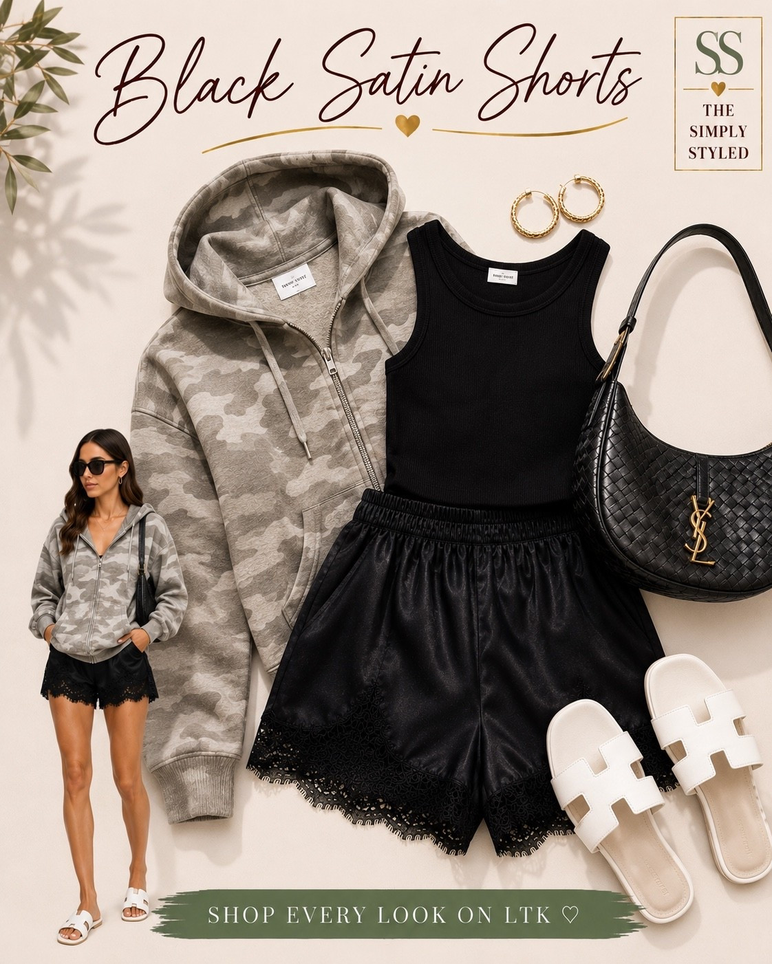 Black satin shorts styled for off-duty days ✨

A relaxed camo hoodie, fitted black tank, woven shoulder bag, gold hoops, and easy slide sandals create the perfect mix of comfortable and put-together. The kind of outfit that works for coffee runs, errands, travel days, and everything in between.

#LTKootd