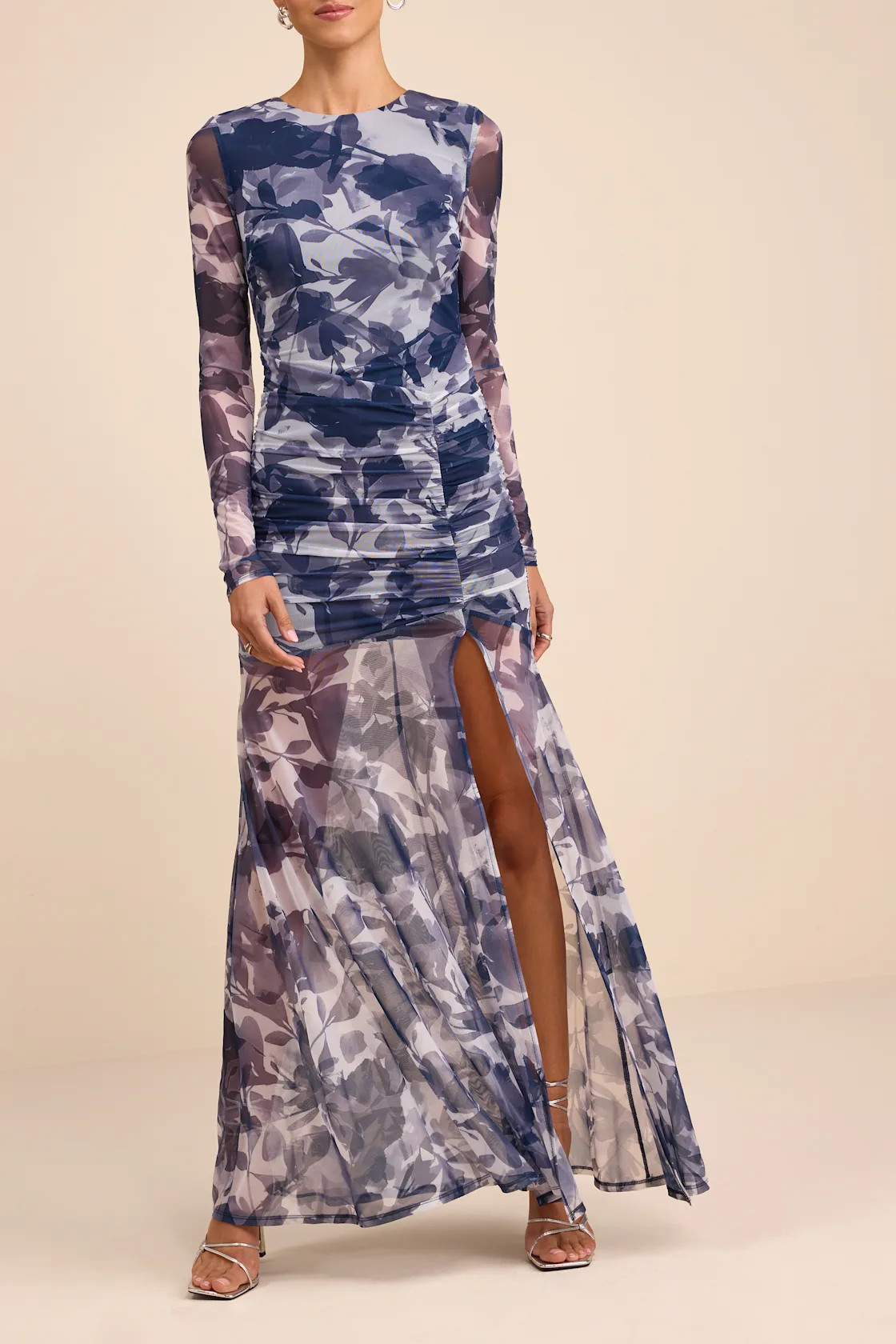 Vibrant Poise Blue Floral Print Mesh Ruched Maxi Dress | Lulus