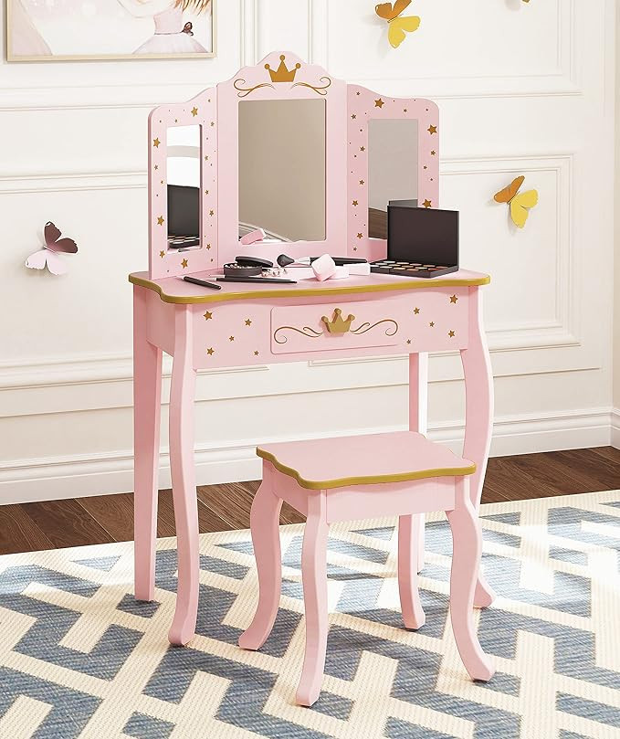 UTEX Pretend Play Kids Vanity Set with Mirror and Stool, Kids Make Up Vanity Desk with Mirrror fo... | Amazon (US)