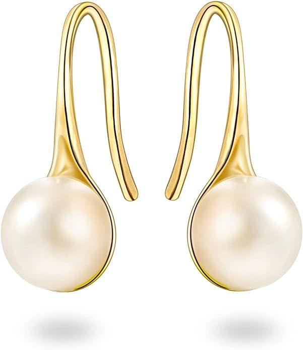 Women Yellow Gold Pearl Dangle Earrings, 14K Yellow Gold Plated Pearl Drop Earrings | Amazon (US)