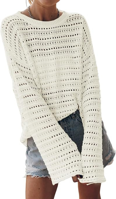 Sidefeel Womens Fall Sweaters 2025 Lightweight Casual Long Sleeve Crochet Hollow Out Knit Pullove... | Amazon (US)