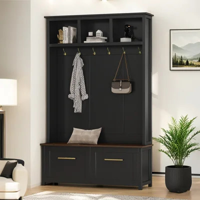 4-in-1 Hall Tree with 6 Golden Hooks, Wood Grain Bench with 2 Drawers and Storage, Black | Wayfair North America