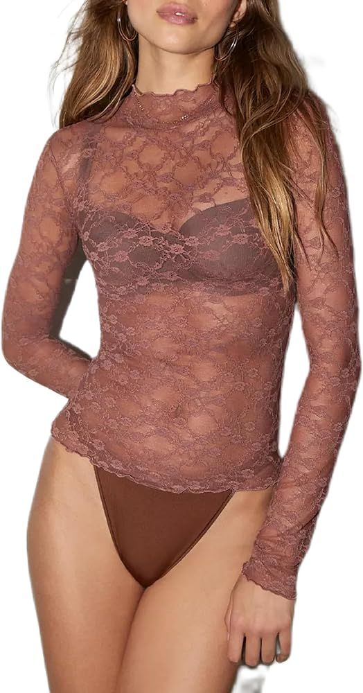 Women Mesh Layering Top Mock Neck Long Sleeve Floral Embroidery T Shirt See Through Sheer Lace Te... | Amazon (US)