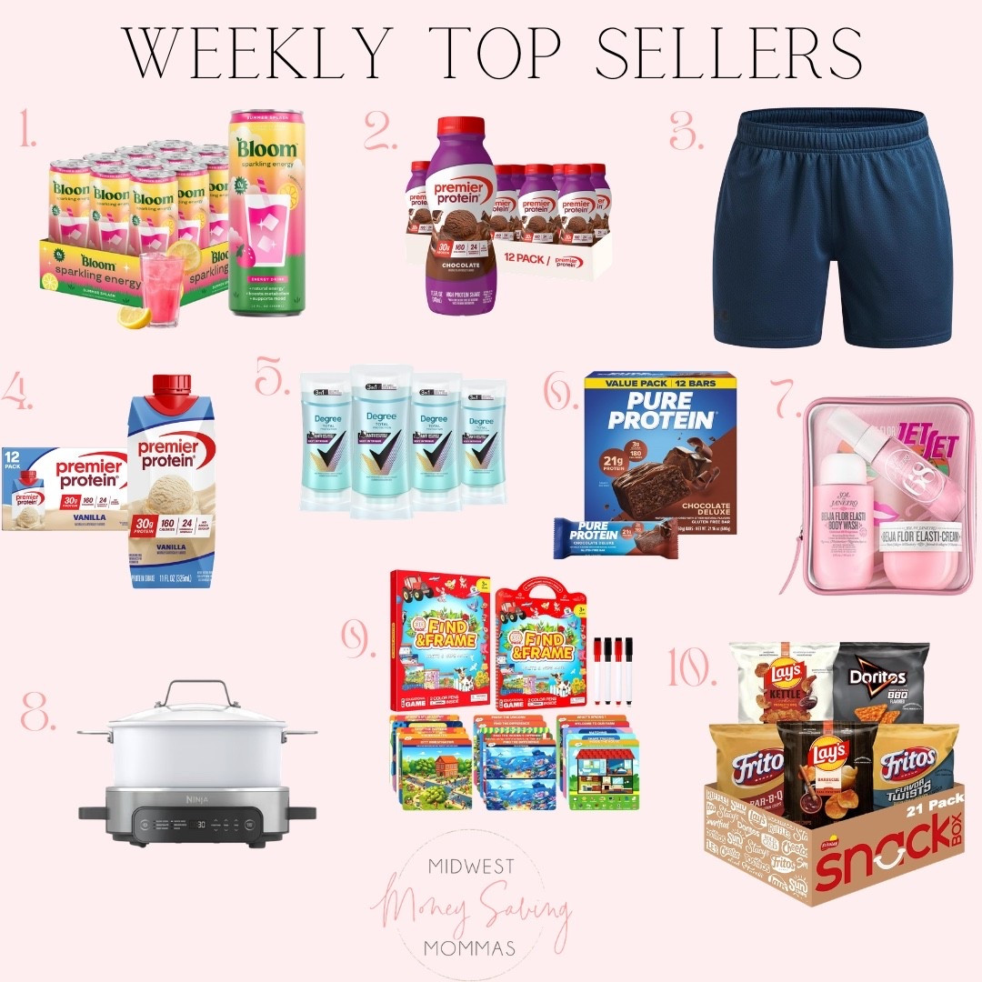 Weekly top sellers 

Best sellers  energy drinks protein shakes shorts deodorant protein bars crockpot activity books snacks chips

#LTKmomlife #LTKSeasonal #LTKHome