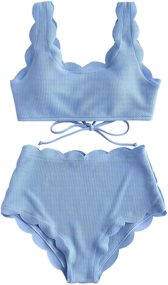 ZAFUL Women's High Waisted Tankini Set, Scalloped Trim Swimsuit Back Lace-Up High Cut Two Piece Biki | Amazon (US)