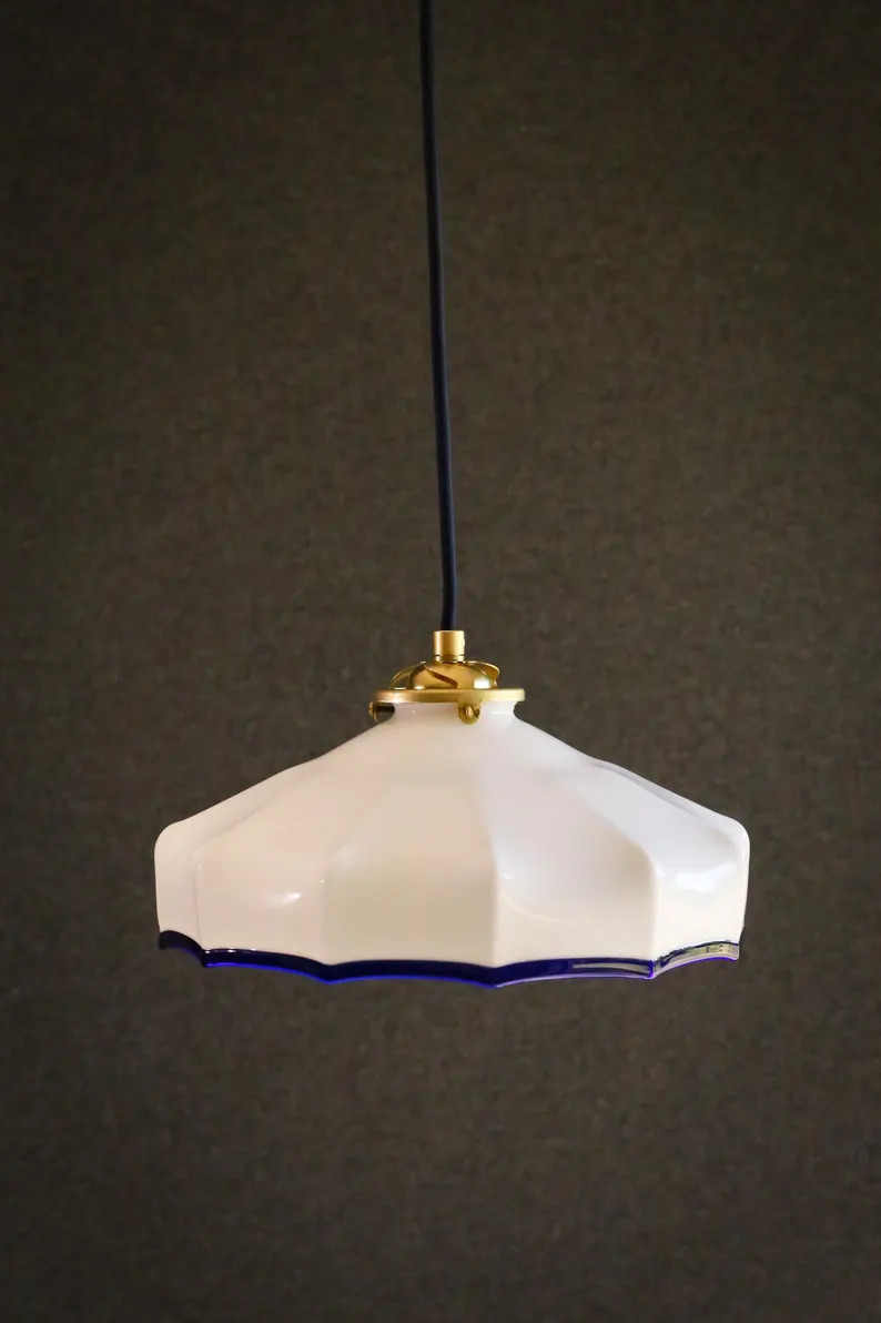 Antique French Ceiling Light in White Opaline Glass With Blue Net, French Pendant Lamp - Circa 19... | Etsy (US)