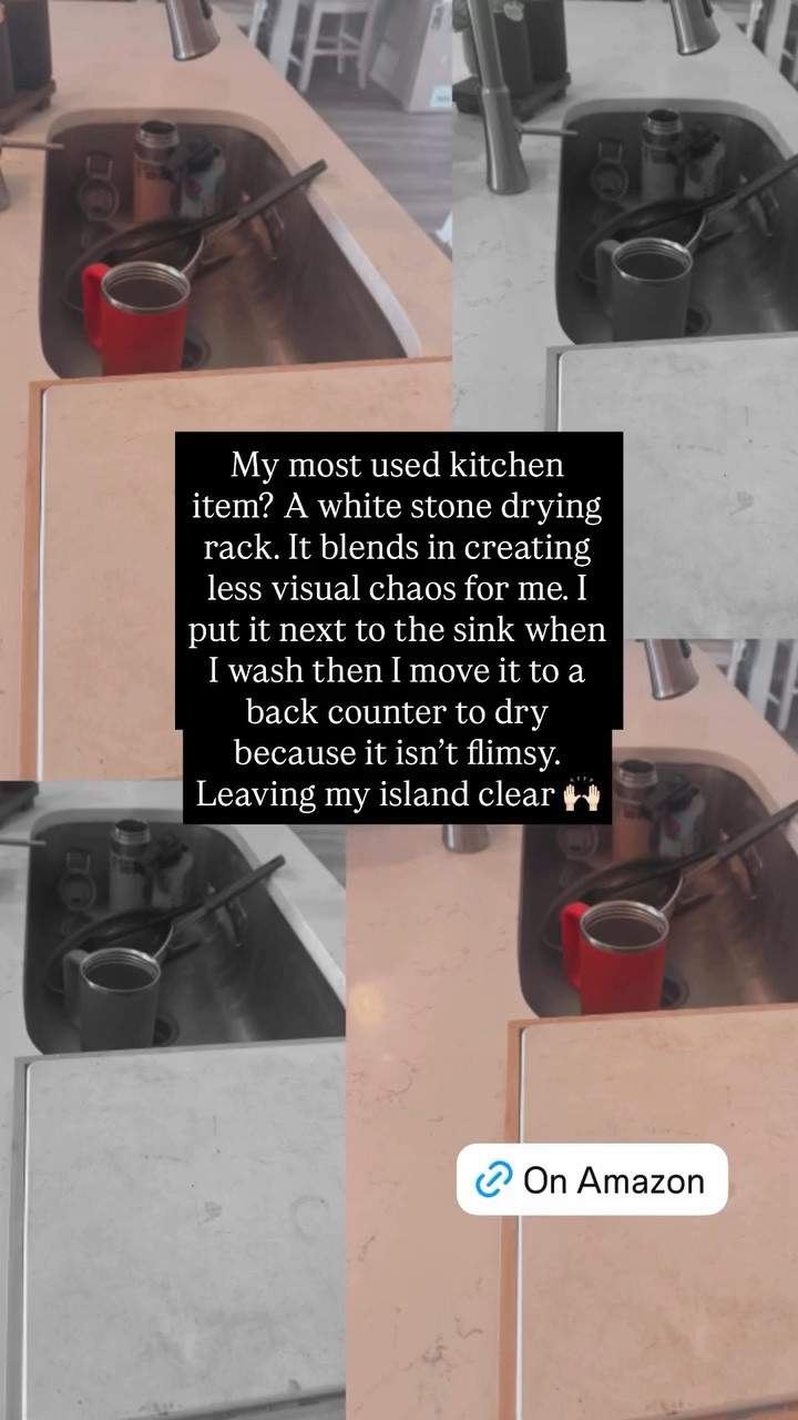 My most used kitchen item? A white stone drying rack. It blends in creating less visual chaos for me. I put it next to the sink when I wash then I move it to a back counter to dry because it isn’t flimsy. Leaving my island clear 🙌🏻