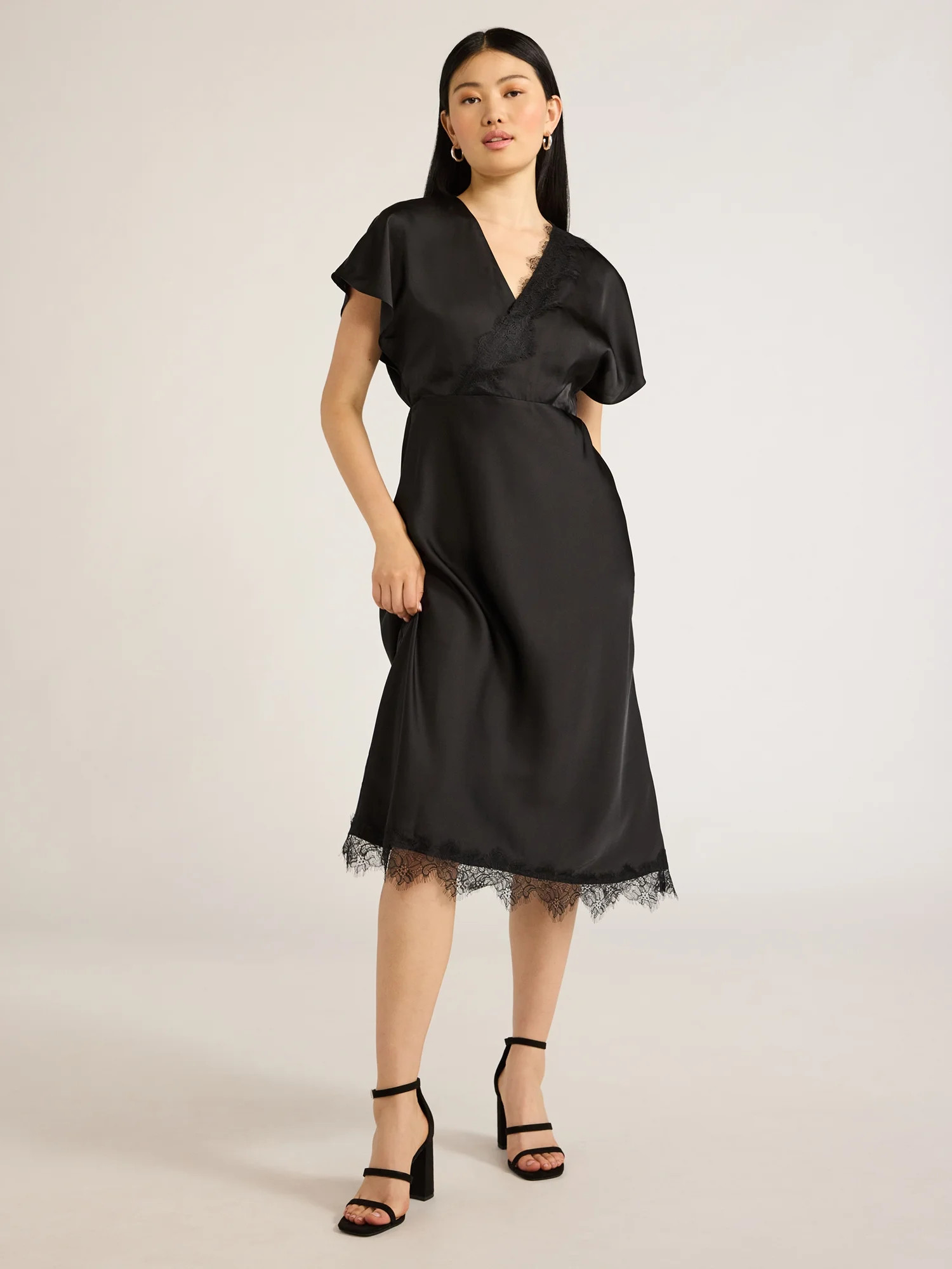 Scoop Women’s Lace Trimmed Bias Cut Midi Dress with Flutter Sleeves, Sizes XS-XXL | Walmart (US)