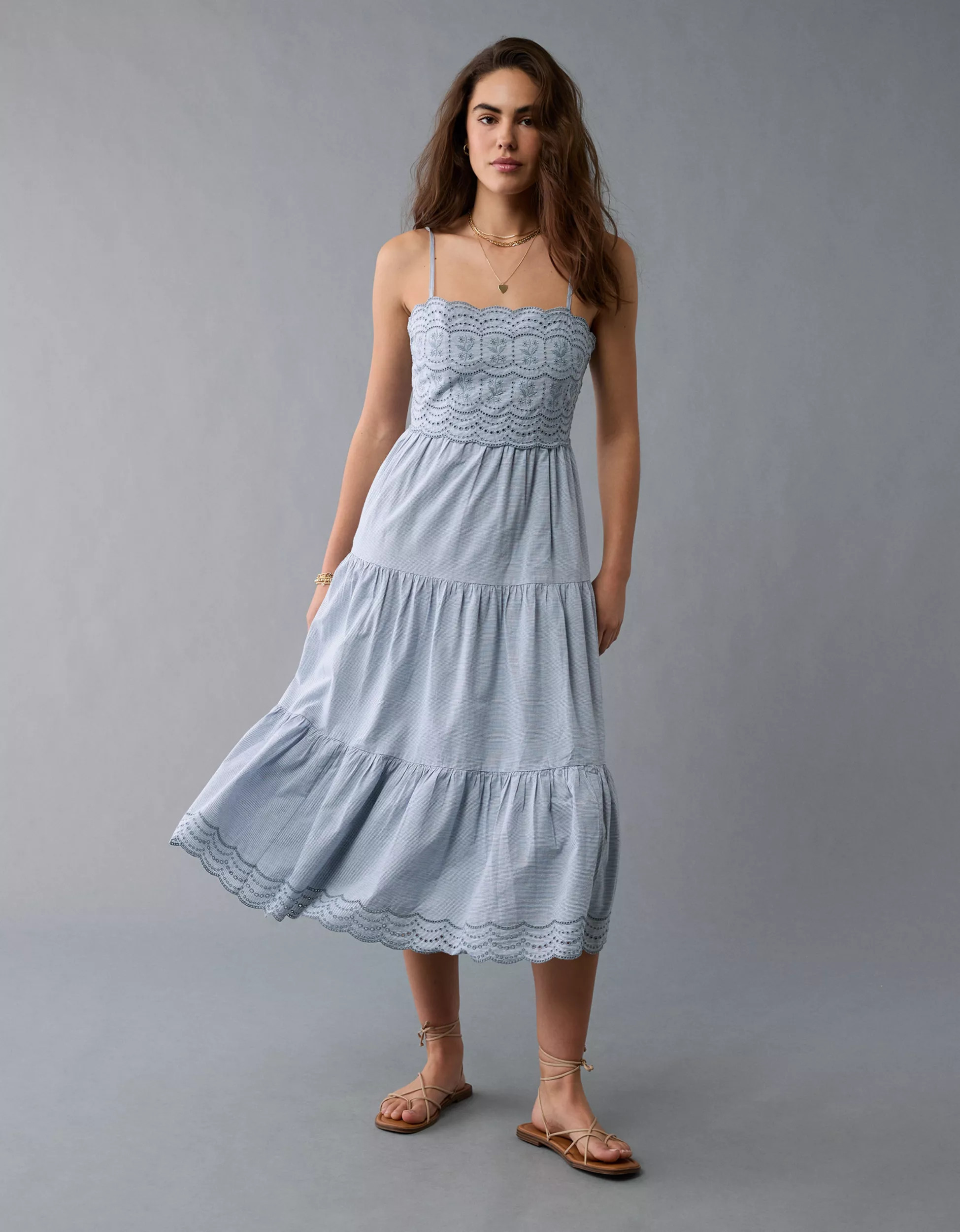 AE Scalloped Tiered Midi Dress | American Eagle Outfitters (US & CA)
