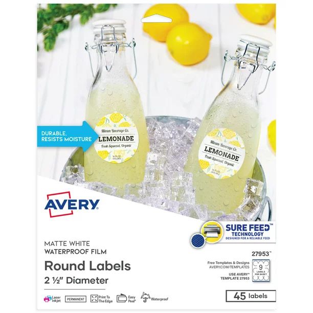 Avery Round Labels, White, 2.5" Diameter, Waterproof, Laser/Inkjet, 45 Labels (27953) - Walmart.c... | Walmart (US)