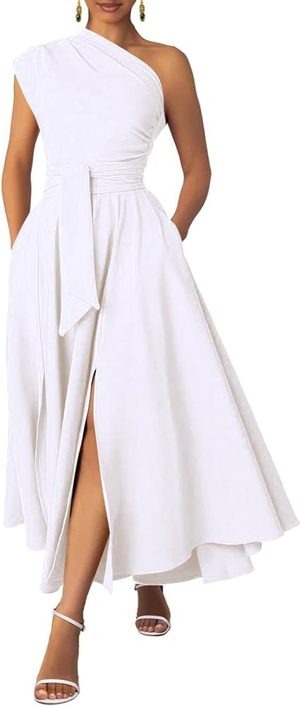 Ekaliy Women's One Shoulder Belted Maxi Dress Long Formal Wedding Guest Dress with Pockets | Amazon (US)